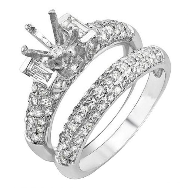 1.65 Carat (ctw) 14k White Gold Brilliant Round & Baguette Diamond Semi Mount Ladies Bridal Engagement Ring Set (No Center Stone)