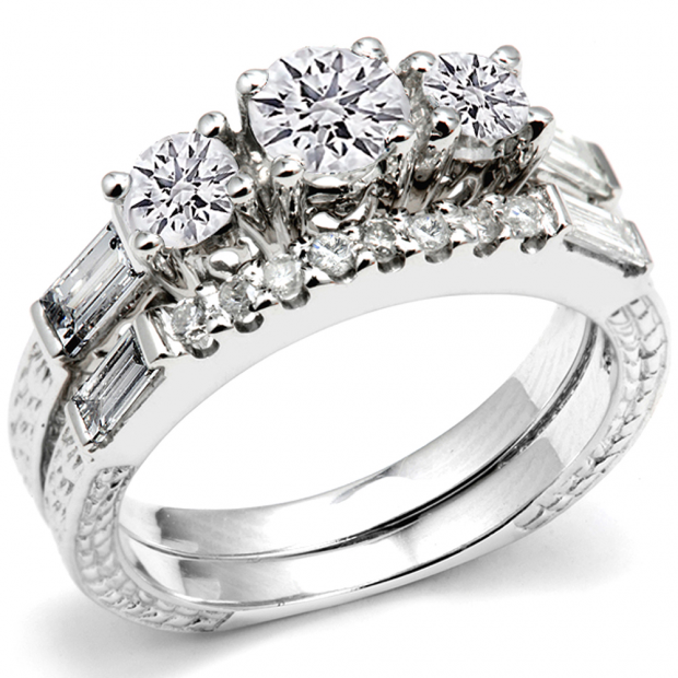 1.00 Carat (Ctw) 14k White Gold Round & Baguette 3 Stone Diamond Ladies Bridal Engagement Semi Mount Ring Matching Wedding Band Set (No Center Stone)