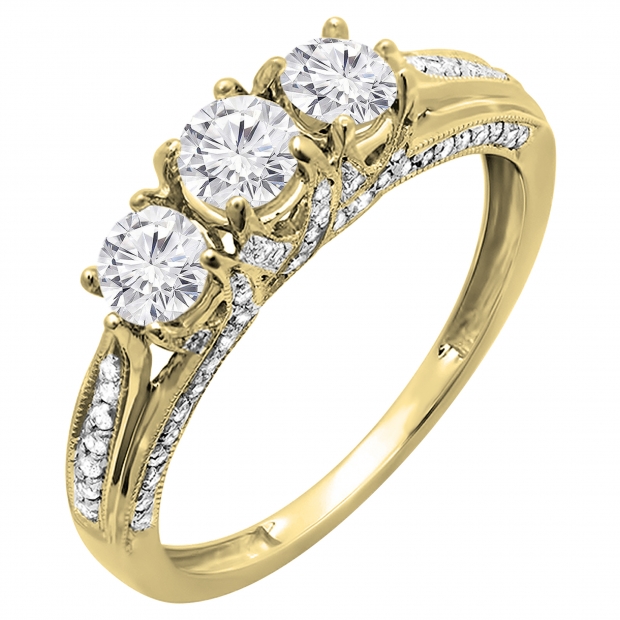 1.00 Carat (ctw) 14k Yellow Gold Round Diamond Ladies Vintage Bridal 3 Stone Engagement Ring 1 CT