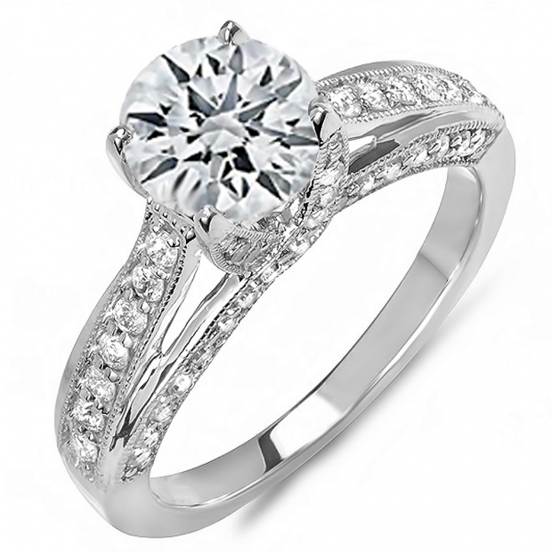 1.50 Carat (ctw) 14k White Gold Round Diamond Ladies Solitaire with Accents Bridal Engagement Ring 0.74 CT Center Included