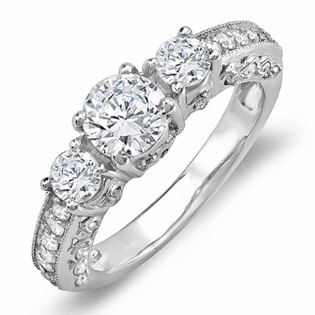 1.45 Carat (ctw) 14k White Gold Round Diamond Three Stone Engagement Bridal Ring; Center 0.70 CT
