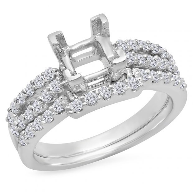 0.62 Carat (ctw) 14K White Gold Princess & Round White Diamond Semi Mount Engagement Bridal Ring Set (No Center Stone)
