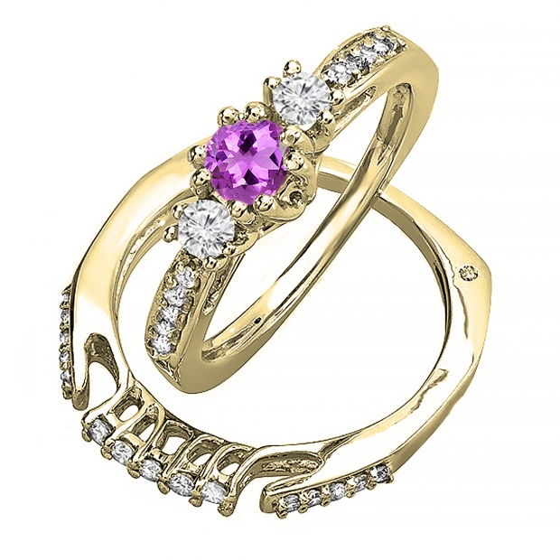 3 Stone Round Amethyst & White Diamond Bridal Ring Set for Women in 10K Yellow Gold