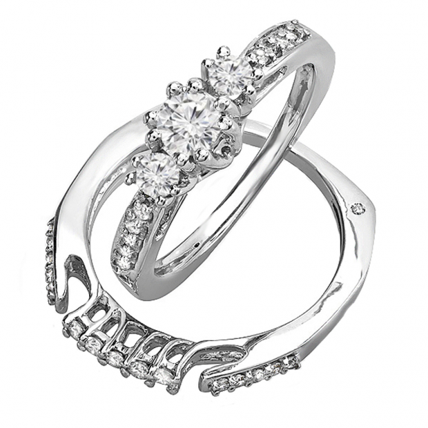 0.75 Carat (ctw) 14k White Gold 3 Stone Round Diamond Ladies Bridal Ring Set Matching Band 3/4 CT