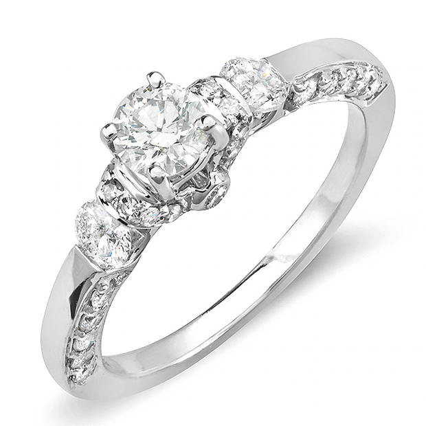 1.01 Carat (ctw) 14k White Gold Round Diamond Ladies 3 Stone Bridal Engagement Ring 1 CT