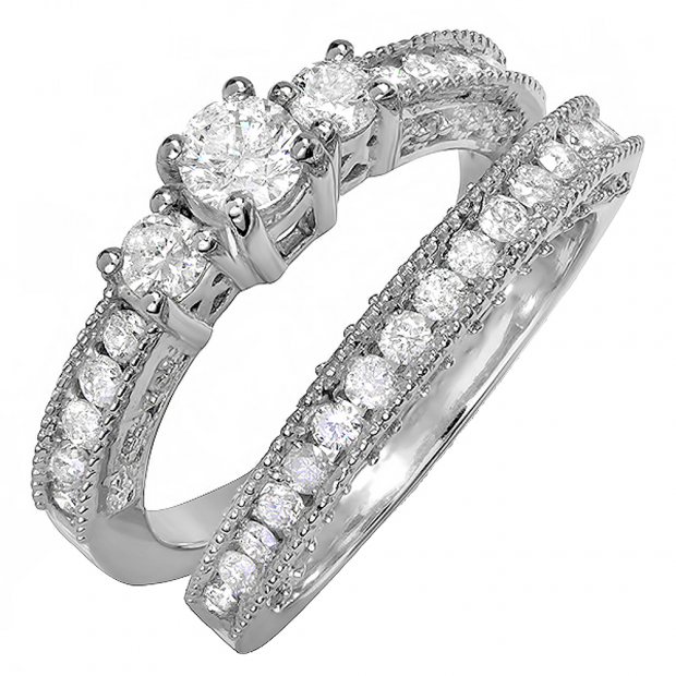 1.75 Carat (ctw) 14K White Gold Round White Diamond Engagement 3 Stone Bridal Ring Set with Matching Band
