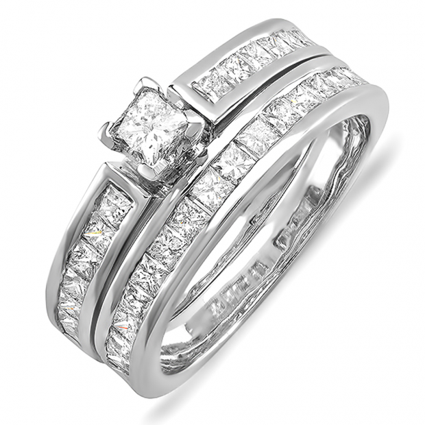 1.50 Carat (ctw) 14k White Gold Princess Diamond Ladies Bridal Engagement Ring Set