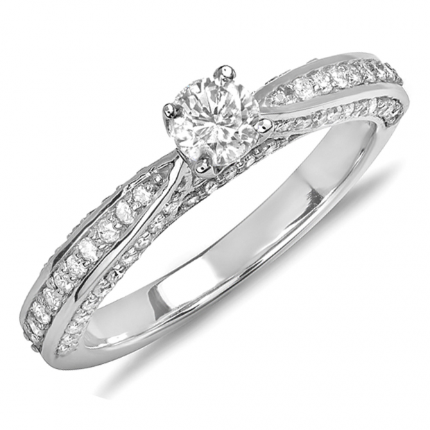 0.75 Carat (ctw) 14k White Gold Round Diamond Ladies Solitaire with Accents Bridal Engagement Ring 3/4 CT