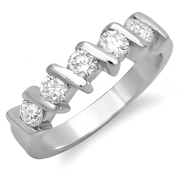 0.75 Carat (ctw) 14k White Gold Round Diamond 5 Stone Ladies Anniversary Wedding Ring Matching Band 3/4 CT