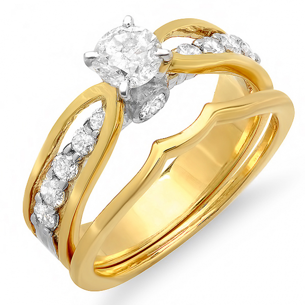 1.00 Carat (ctw) 14k Yellow Gold Brilliant Round Diamond Ladies Bridal Engagement Ring Set