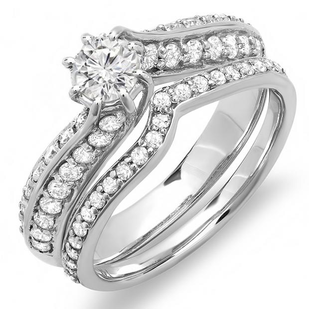 1.00 Carat (ctw) 14K White Gold Round Cut Diamond Ladies Bridal Engagement Ring With Matching Band Set 1 CT