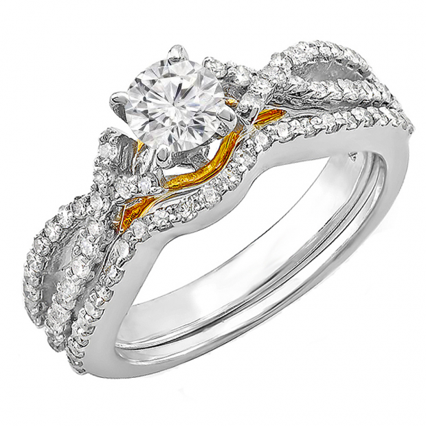 1.00 Carat (ctw) 14k White Gold Round Diamond Ladies Split Shank Engagement Bridal Ring with Matching Band Set