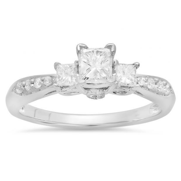 0.75 Carat (ctw) 14K White Gold Princess & Round Diamond Ladies Bridal 3 Stone Engagement Ring Center Included 3/4 CT
