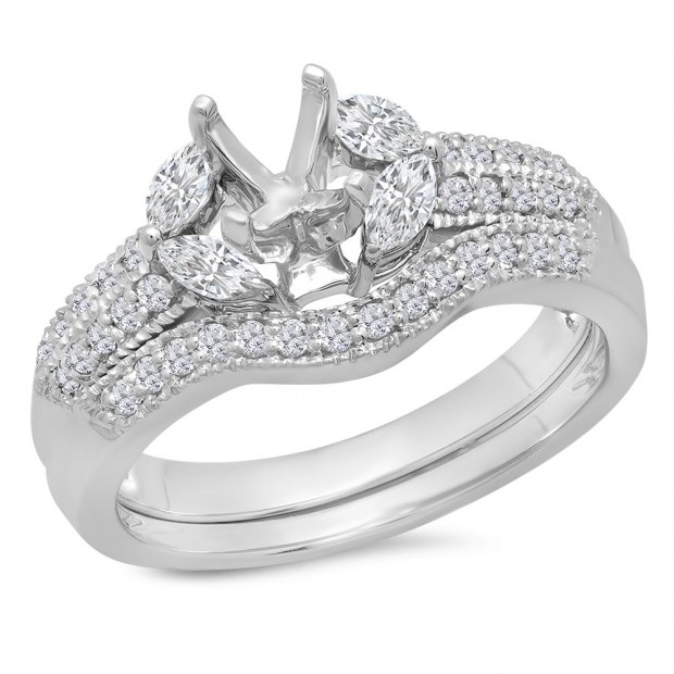 0.65 Carat (ctw) 14K White Gold Round and Marquise White Diamond Engagement Semi Mount Bridal Ring Set (No Center Stone)
