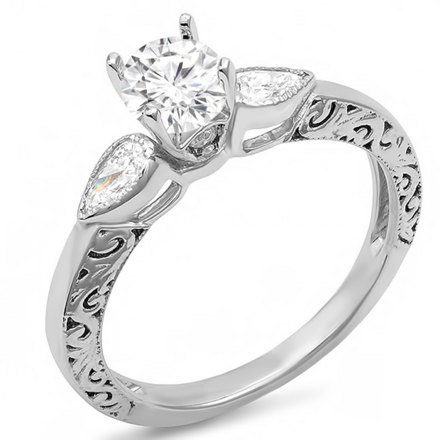 0.80 Carat (ctw) 14k White Gold Round & Pear Diamond Ladies Bridal Ring Engagement