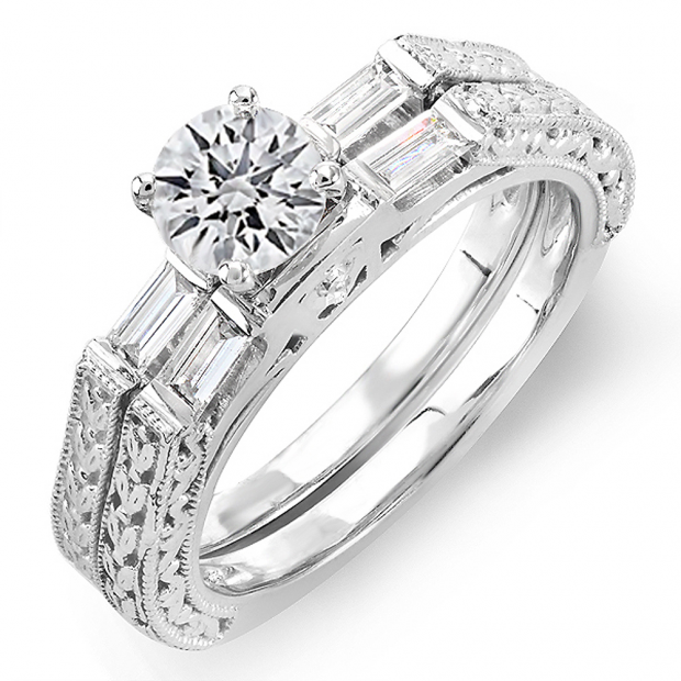 CERTIFIED 0.83 Carat (ctw) 14k White Gold Round & Baguette Diamond Ladies Vintage Bridal Engagement Ring Set