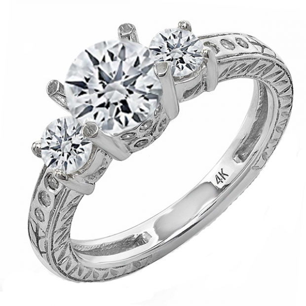 1.30 Carat (ctw) 14K White Gold Brilliant Round Diamond Ladies Vintage 3 Stone Engagement Bridal Ring 1 1/3 CT