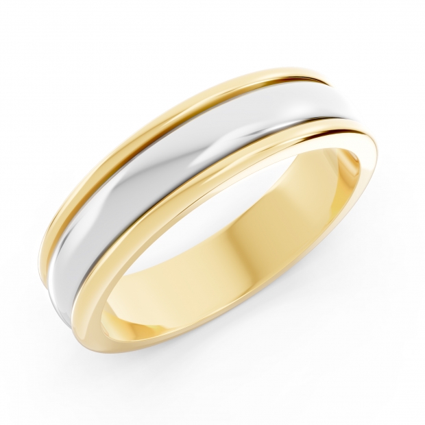 Yellow & White Two Tone 14K Solid Gold Mens Domed Grooved Wedding Band 5.5mm Traditonal Fit Ring
