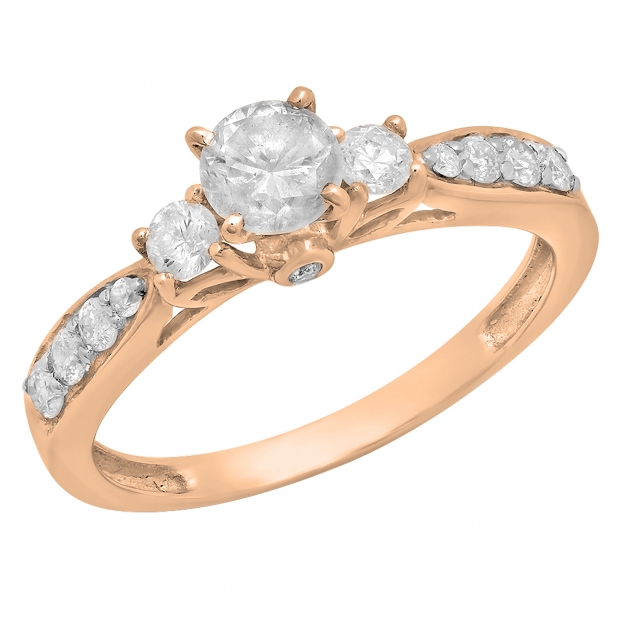 1.00 Carat (ctw) 10K Rose Gold Round Diamond Ladies 3 Stone Bridal Engagement Ring 1 CT