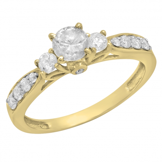 1.00 Carat (ctw) 10K Yellow Gold Round Diamond Ladies 3 Stone Bridal Engagement Ring 1 CT