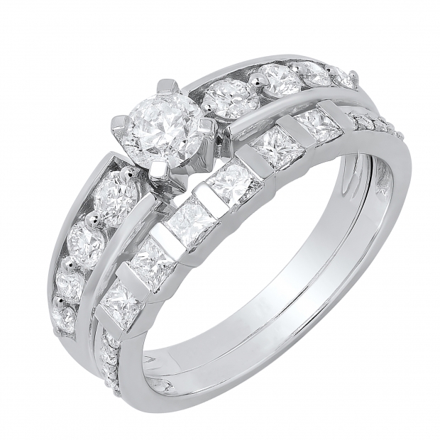 1.50 Carat (ctw) 14k White Gold Princess & Round Diamond Ladies Bridal Ring Set Engagement Set 1 1/2 CT