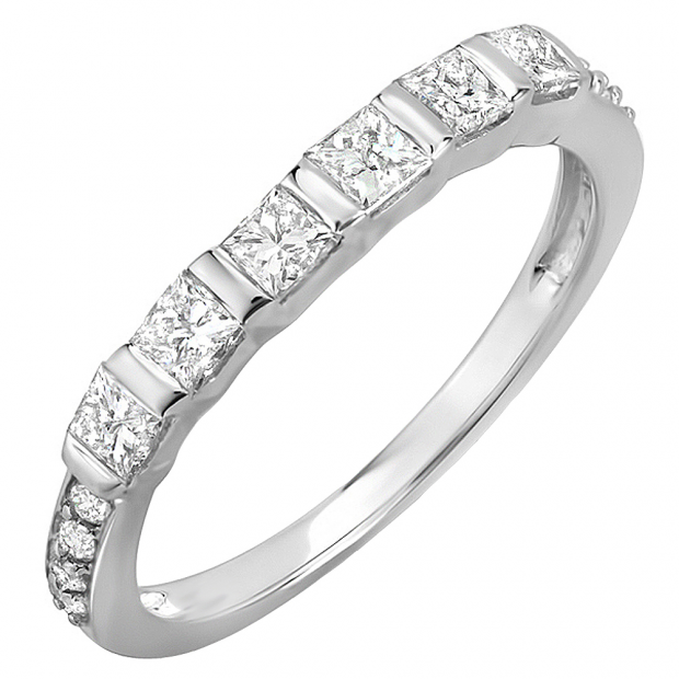 0.60 Carat (ctw) 14K White Gold Princess & Round Diamond Ladies Anniversary Wedding Band Stackable Ring