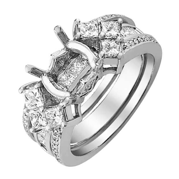 2.50 Carat (ctw) 14k White Gold Princess & Round Diamond Ladies Bridal Semi Mount Ring Set