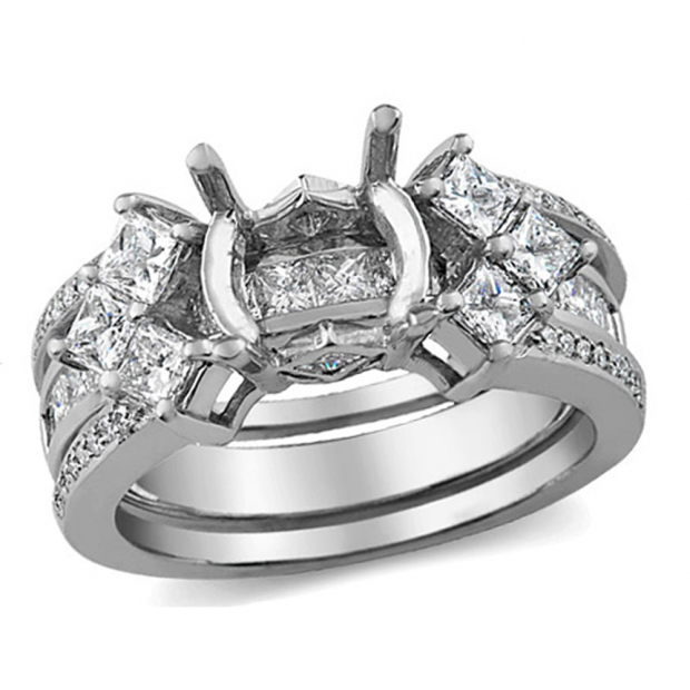1.30 Carat (ctw) 14k White Gold Princess & Round Diamond Ladies Bridal Semi Mount Ring Set (No Center Stone)