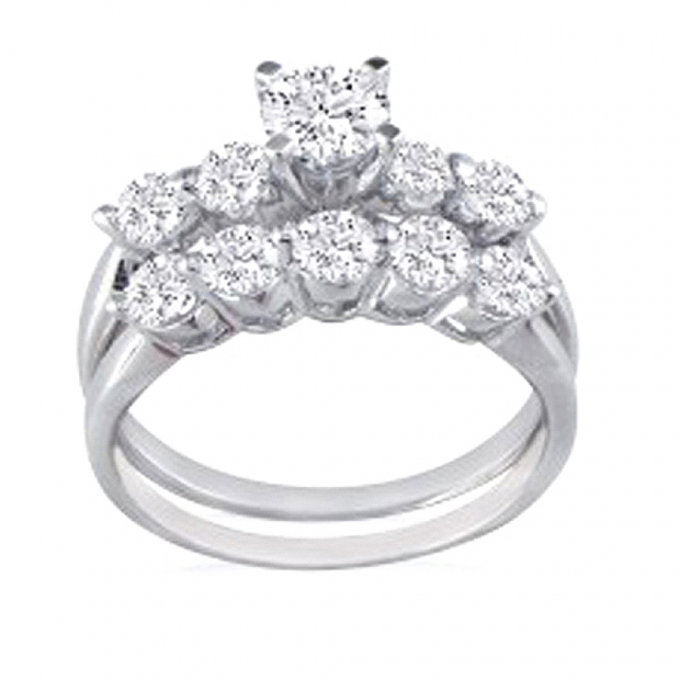 1.00 Carat (ctw) 14k White Gold Round Diamond Ladies Bridal 5 Stone Engagement Ring Matching Band Set