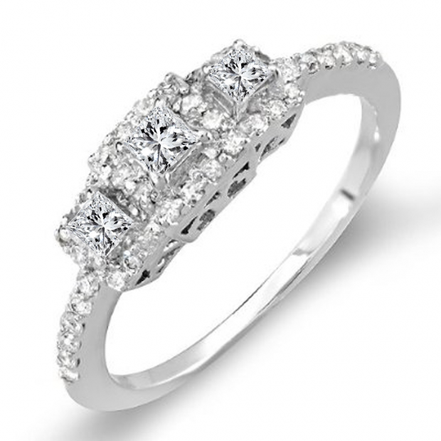 CERTIFIED 0.50 Carat (ctw) 14k White Gold 3 Stone Princess Diamond Ladies Bridal Vintage Engagement Ring 1/2 CT