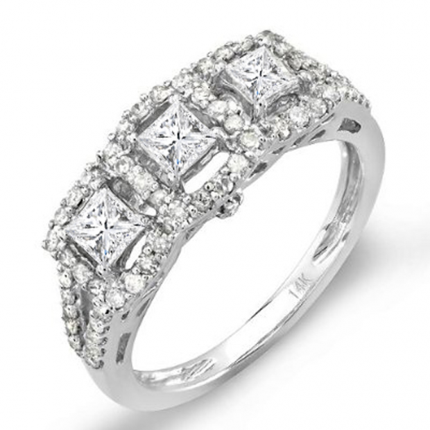 0.85 Carat (ctw) 14k White Gold Princess & Round Diamond Ladies 3 Stone Bridal Engagement Ring