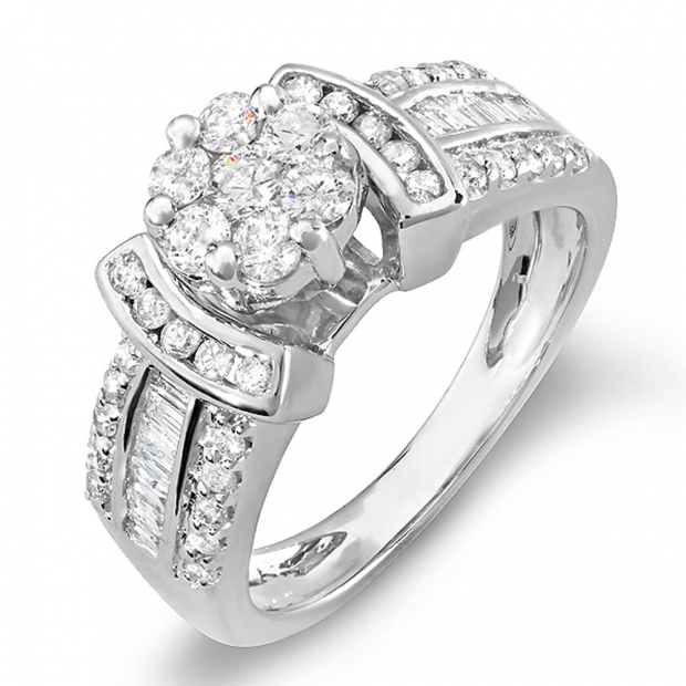 1.00 Carat (ctw) 14k White Gold Round & Baguette Diamond Ladies Bridal Ring