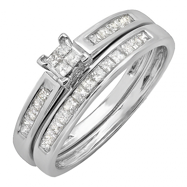 0.75 Carat (ctw) 14k White Gold Princess Invisible Diamond Ladies Bridal Ring Set Engagement Set 1/3 CT