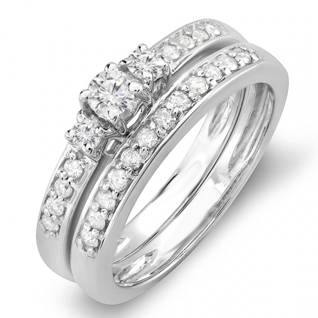 0.50 Carat (ctw) 14k White Gold Round Diamond 3 stone Engagement Bridal Ring Set 1/2 CT