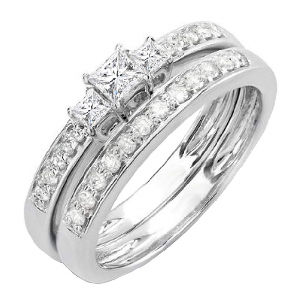 0.65 Carat (ctw) 14k White Gold Princess & Round Diamond Ladies 3 Stone Engagement Bridal Ring Set
