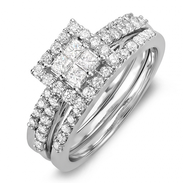 1.15 Carat (ctw) 14K White Gold Princess & Round White Diamond Engagement Bridal Ring Set