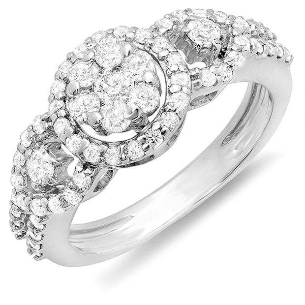 0.85 Carat (ctw) 14K White Gold Round Diamond Ladies Bridal Three Stone Flower Cluster Engagement Ring 1 CT