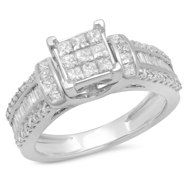 1.25 Carat (ctw) 14k White Gold Princess Round & Baguette Diamond Ladies Bridal Engagement Ring