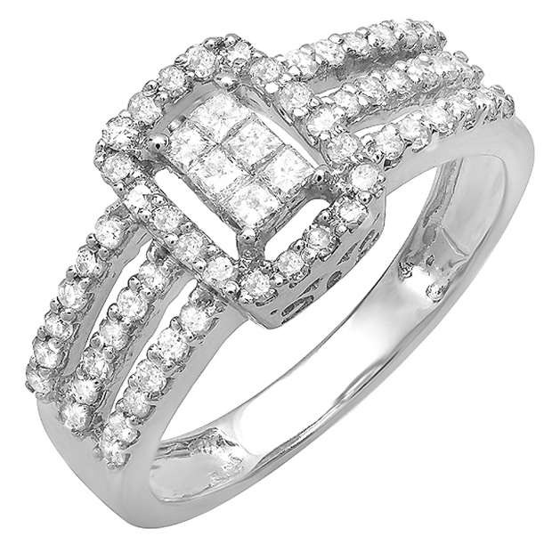 0.75 Carat (ctw) 14k White Gold Brilliant Round & Princess Cut Diamond Ladies Engagement Bridal Ring