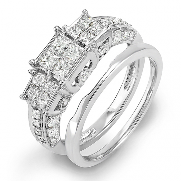 CERTIFIED 1.75 Carat (ctw) 14K White Gold Princess & Round White Diamond Engagement Bridal Ring Set
