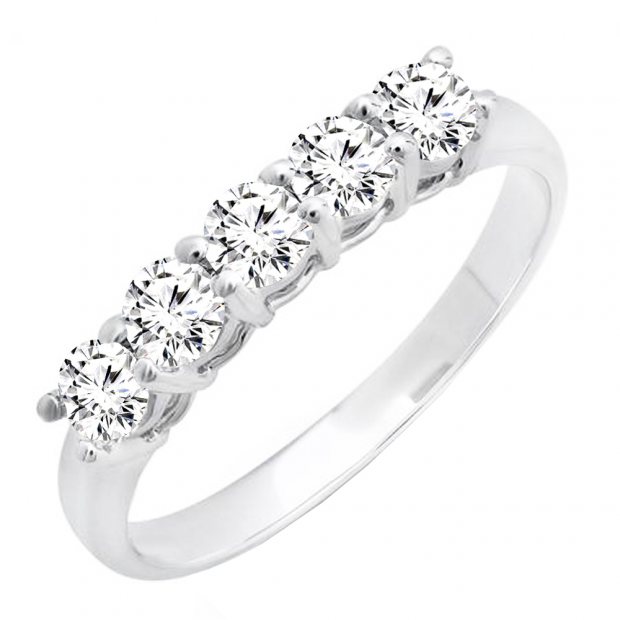 0.85 Carat (ctw) 14k White Gold Round Diamond 5 Stone Ladies Anniversary Wedding Band Ring