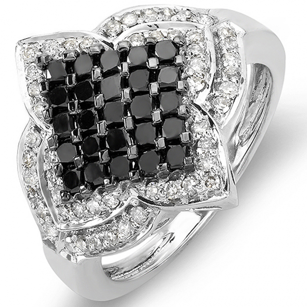 1.10 Carat (ctw) 10k White Gold Black & White Round Diamond Ladies Cocktail Ring 1 CT