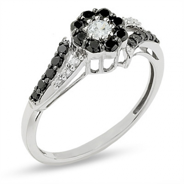 0.60 Carat (ctw) 10k White Gold Round Black and White Diamond Ladies Engagement Ring