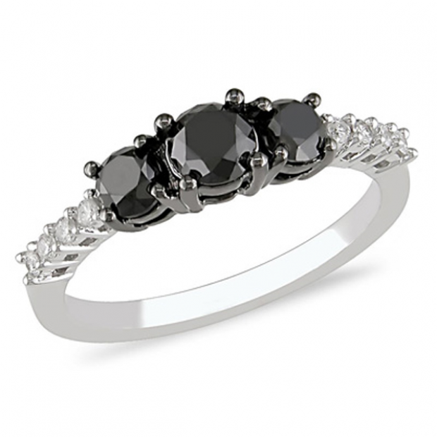 1.50 Carat (ctw) 14k White Gold Black & White Round Diamond Ladies Three Stone Engagement Ring