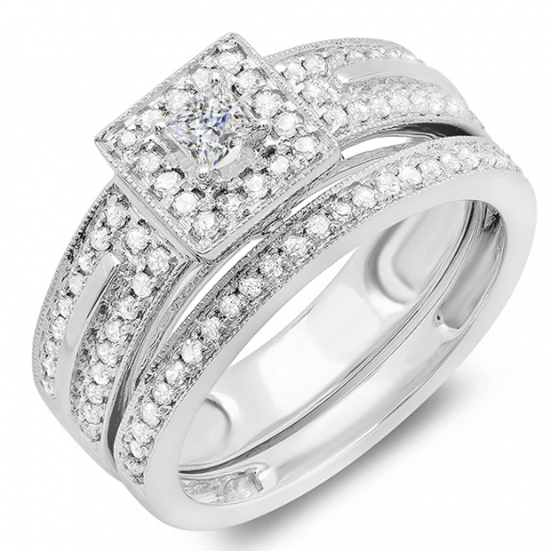 CERTIFIED 0.60 Carat (ctw) 14k White Gold Princess & Round Diamond Ladies Bridal Engagement Ring Set