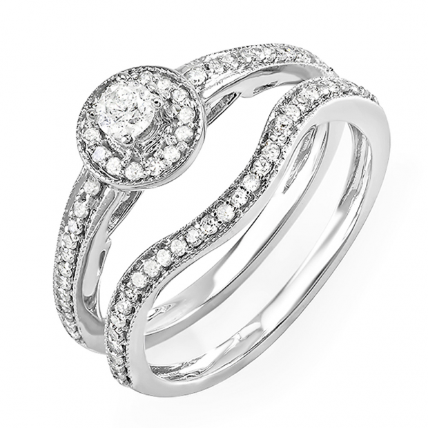 0.55 Carat (ctw) 14k White Gold Round Diamond Ladies Vintage Antique finish Halo Bridal Engagement Ring Matching Band Set
