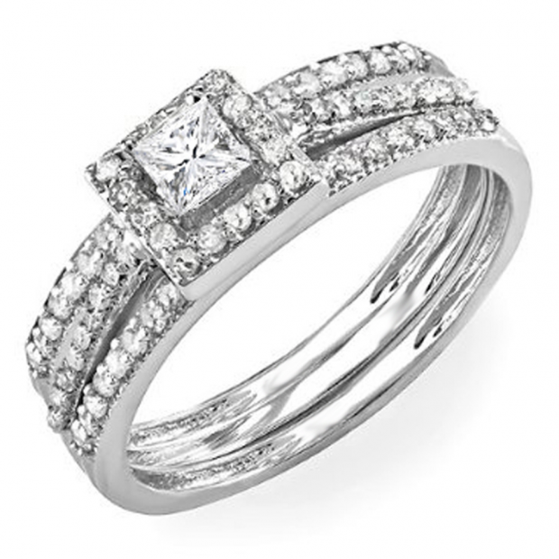 0.62 Carat (ctw) 14k White Gold Round & Princess Diamond Ladies Bridal Halo Engagement Ring Matching Band Set