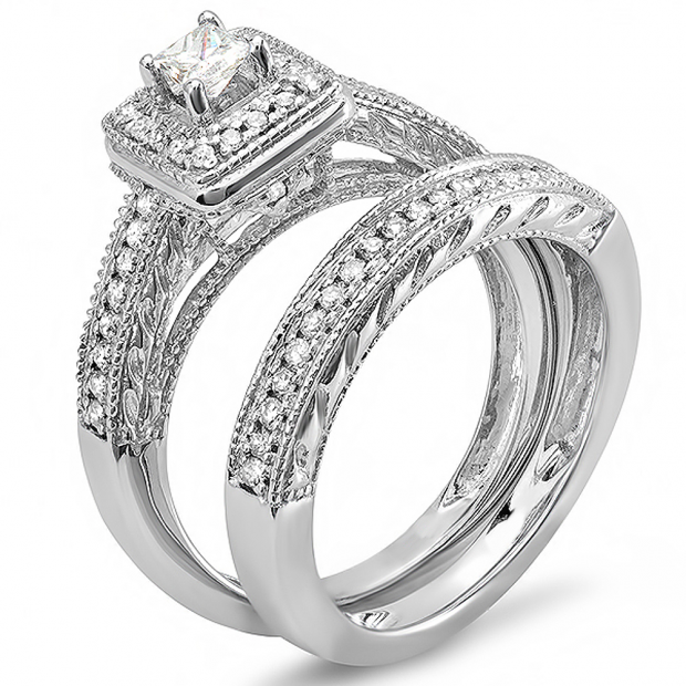 0.75 Carat (ctw) 14k White Gold Princess & Round Diamond Ladies Bridal Ring Set Halo Style Engagement Set