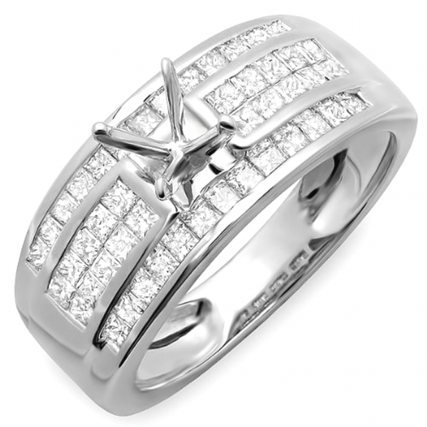 1.25 Carat (Ctw) 14k Whilte Gold Invisible Set Princess Diamond Bridal Engagement Semi Mount Ring (No Center Stone)