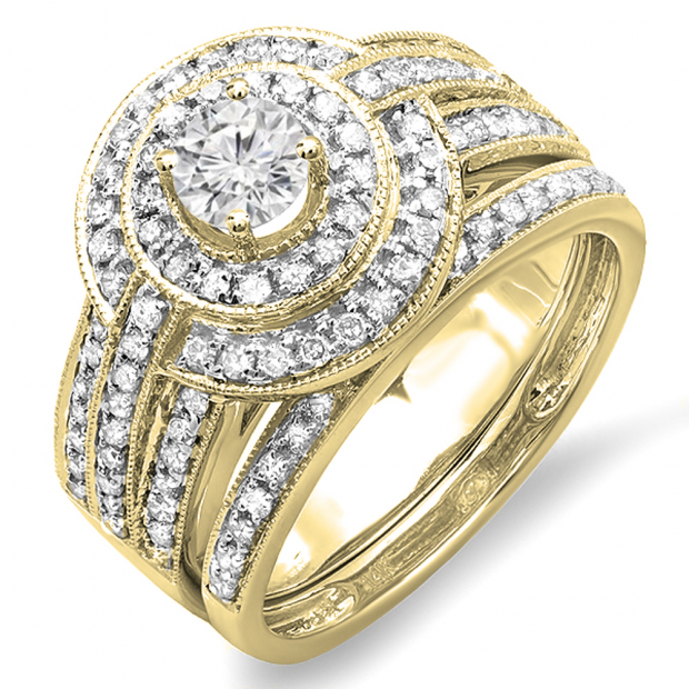 1.10 Carat (ctw) 14K Yellow Gold Real Round Diamond Engagement Bridal Ring Set with Matching Band
